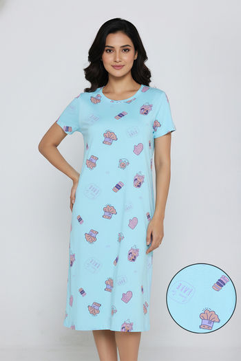 Zivame Farm Lore Knit Cotton Knee Length Nightdress - Gulf Stream