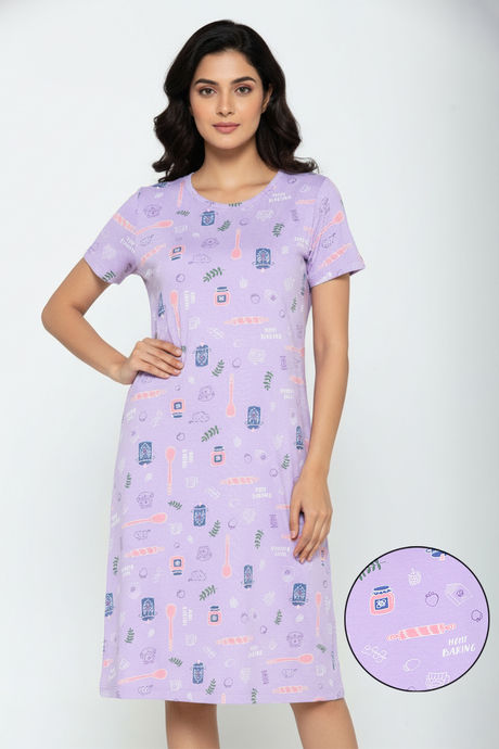 Zivame Farm Lore Knit Cotton Knee Length Nightdress - Lilac Breeze