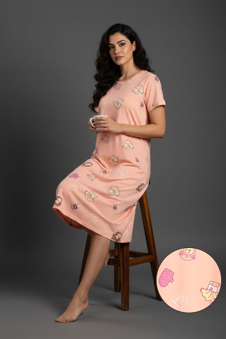 Zivame Farm Lore Knit Cotton Knee Length Nightdress - Peach Pearl