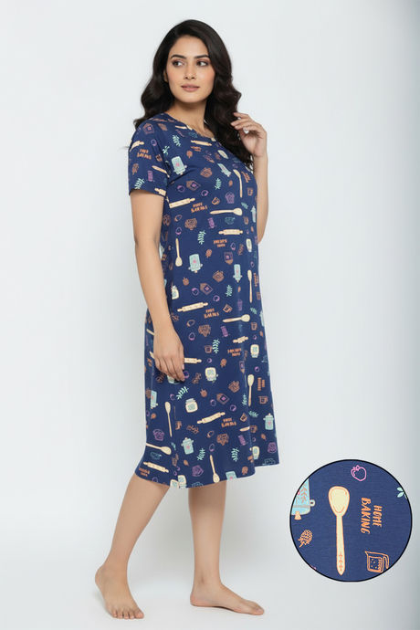 Zivame Farm Lore Knit Cotton Knee Length Nightdress - Set Sail