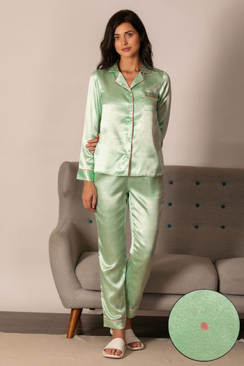 Buy Zivame Satin Stripes N Polkas Polyester Pyjama Set - Green