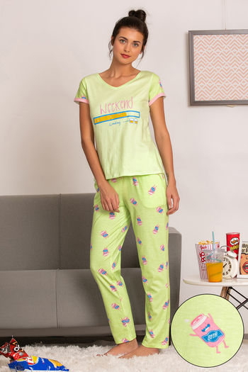 Buy Zivame Mid Night Munchies Knit Cotton Pyjama Set - Green N Print