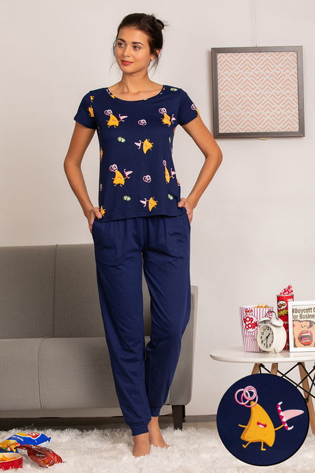 Zivame Mid Night Munchies Knit Cotton Blend Pyjama Set - Navy N Print