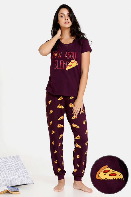 Zivame Midnight Munchies Polyester Pyjama Set - Wine Print