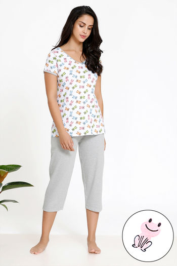 Buy Zivame Tropical Animal Print Knit Cotton Capri Set -White