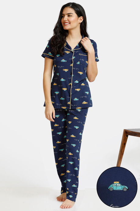 Zivame Pop Fresh Knit Cotton Pyjama Set - Navy
