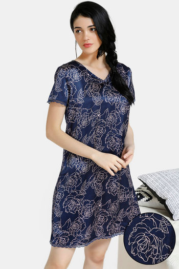 Zivame Floral Fantasy Satin Short Length Nightdress - Navy