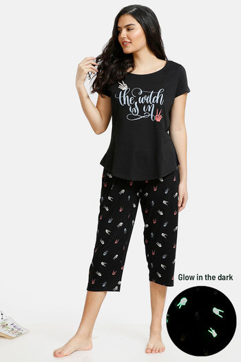 Buy Zivame Crazy Hands-Glow In The Dark Butter-Soft Poly Knit Capri Set - Black
