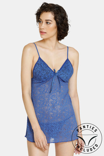 Buy Zivame Padded WireFree Lace N Mesh Babydoll With Thong - Navy
