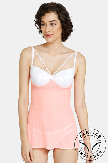 Buy Zivame Padded Wired Lace N Mesh Babydoll With Thong - Peach