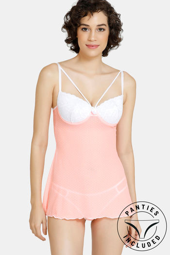 Buy Zivame Padded Wired Lace N Mesh Babydoll With Thong - Peach