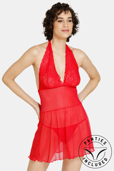 Buy Zivame Lace N Mesh Babydoll With Thong - Pink Lemonade at Rs.1098  online