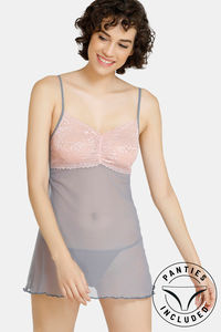 Buy Zivame Lace N Mesh Babydoll With Thong - Grey