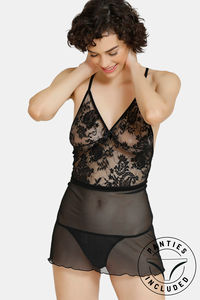 Buy Zivame Lace N Mesh Babydoll With Thong - Black
