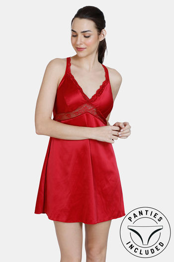 Buy Zivame Satin Babydoll With Thong - Chili Pepper