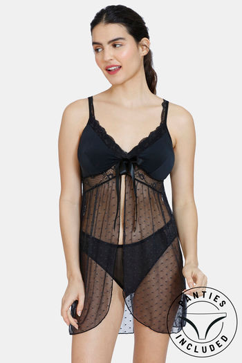 Buy Zivame Lace N Mesh Babydoll With In-Built Cups And Thong  - Anthracite