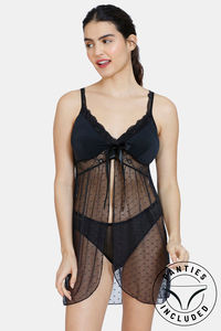 Buy Zivame Lace N Mesh Baby Doll With In-Built Cups And Thongs  - Anthracite
