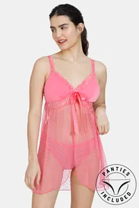 Buy Zivame Lace N Mesh Baby Doll With Thong  - Pink Lemonade