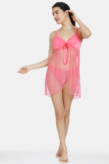 OPEN CUP MESH BABYDOLL in Rose
