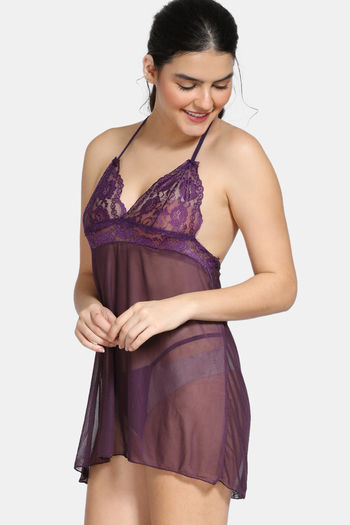 Buy Zivame Poly Knit Skin Fit Lace N Mesh Babydoll With Thong - Purple at  Rs.389 online