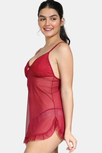 Zivame Lace N Mesh Babydoll With Thong - Ruby Wine