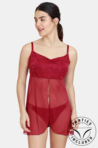 Buy Zivame Jacquard Scrolls Babydoll With Thong - Rhododendron