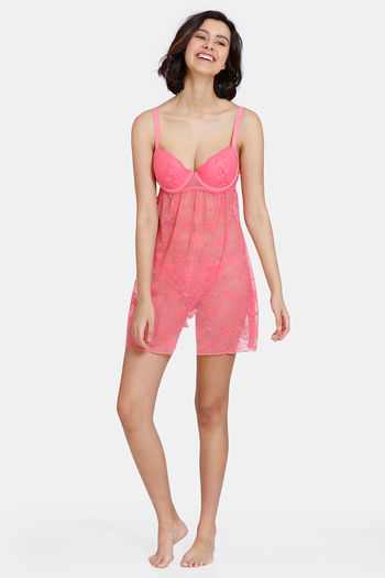 Buy Zivame Lace N Mesh Babydoll With Thong - Pink Lemonade at Rs.1098  online