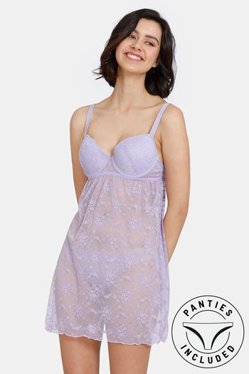 Buy Zivame Lace Babydoll With Thong - Violet Tulip