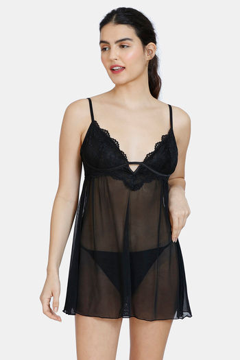 Buy Zivame Lace N Mesh Babydoll With Thong - Black