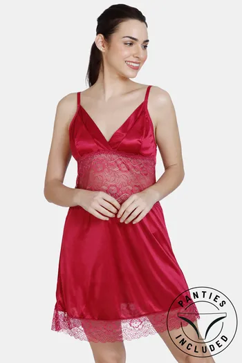 Buy Zivame Satin Babydoll With Thong - Beet Red