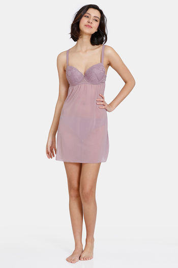 Buy Zivame Lace N Mesh Babydoll With Thong Elderberry at Rs.2195 online Nightwear online