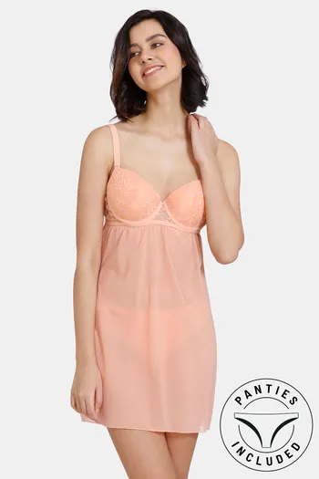 Buy Zivame Lace N Mesh Babydoll With Thong - Salmon