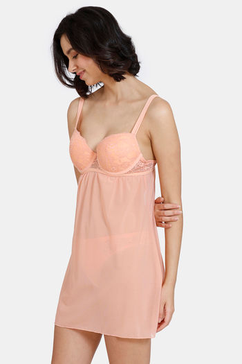 Buy Zivame Lace Embrace Sheer Mesh Babydoll With G String-Salmon at Rs.2295  online