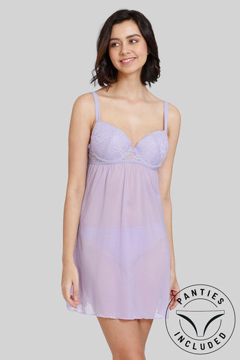 Buy Zivame Lace N Mesh Babydoll With Thong - Violet Tulip