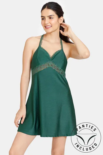Buy Zivame Non Padded Wirefree Relaxed Fit Lace Babydoll With Bikini Panty - Dark Green