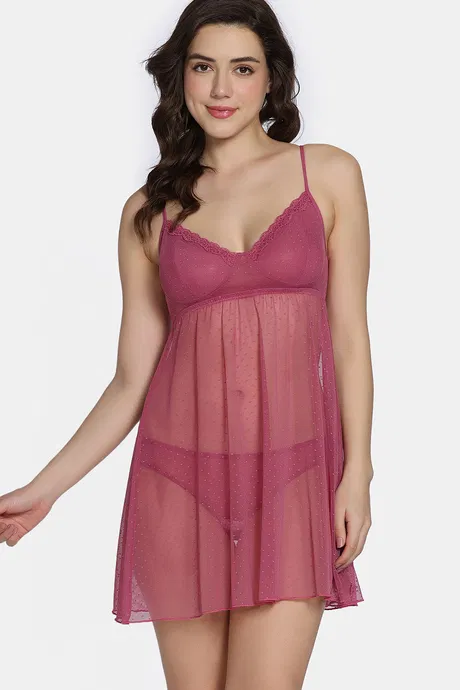 Zivame Lace N Mesh Babydoll with Thong - Malaga