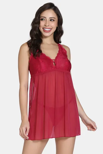 Buy Zivame Forever Yours Lace N Mesh Babydoll With Thong - Cerise