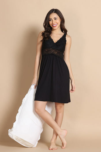 Zivame Lace N Mesh Babydoll - Black Beauty