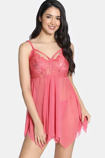 Buy Zivame Lace N Mesh Babydoll With Thong - Coral
