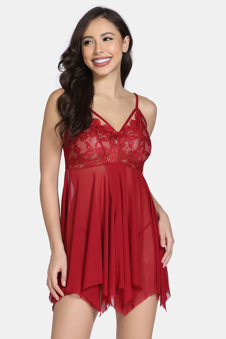 Zivame Lace N Mesh Babydoll With Thong - Maroon