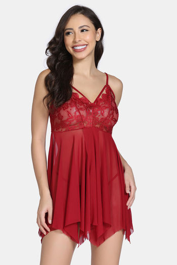 Buy Zivame Lace N Mesh Babydoll With Thong - Maroon