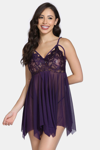 Buy Zivame Lace N Mesh Babydoll With Thong - Purple