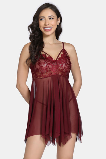 Buy Zivame Lace N Mesh Babydoll With Thong - Wine