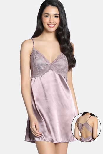 Buy Zivame Silk N Satin Babydoll With Thong - Nutmeg