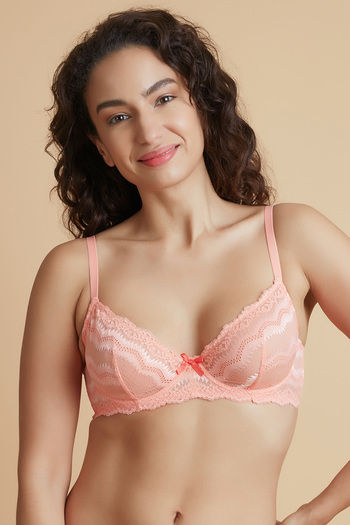 Zivame Tropical Lace Double Layered Wired 3/4th Coverage Lace Bra-Dessert  Flower Black