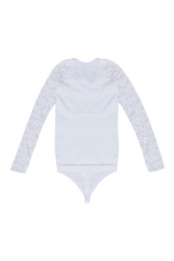 Zivame Lace Touch Full Sleeve Shaping Bodysuit Top-White