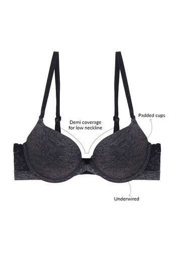 Zivame Laser Wings Smooth Lace Gentle Lift Pushup Bra- Dark Grey