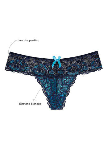 Zivame Lace Kissed Padded Underwired Bra and Low Rise Thong Panty Set-Blue  Black