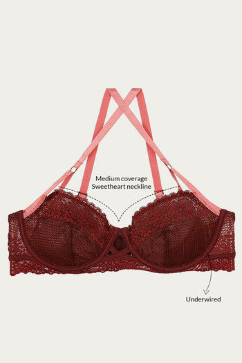 Entyinea Womens Satin Minimizer Bra Fashion Lace Unlined Underwire Bra Red  44 
