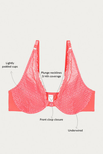 Zivame Moroccan Lace Padded Wired 3/4th Coverage Lace Bra - Sugar Coral